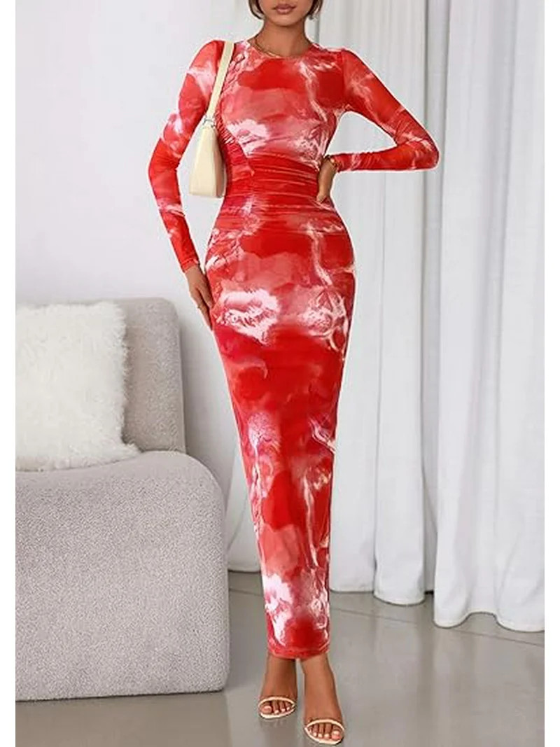 PRETTYGARDEN Women's Bodycon Maxi Dress Fall Spring Fashion Long Sleeve Floral Print Tight Fitted... | Walmart (US)