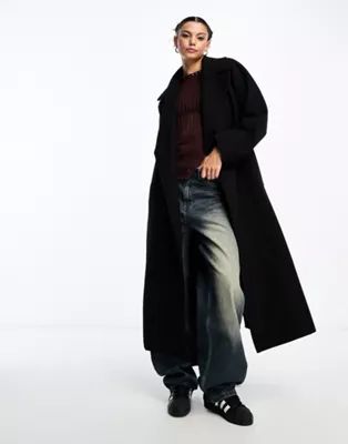 Weekday Kia wool blend oversized coat with tie waist detail in black | ASOS (Global)