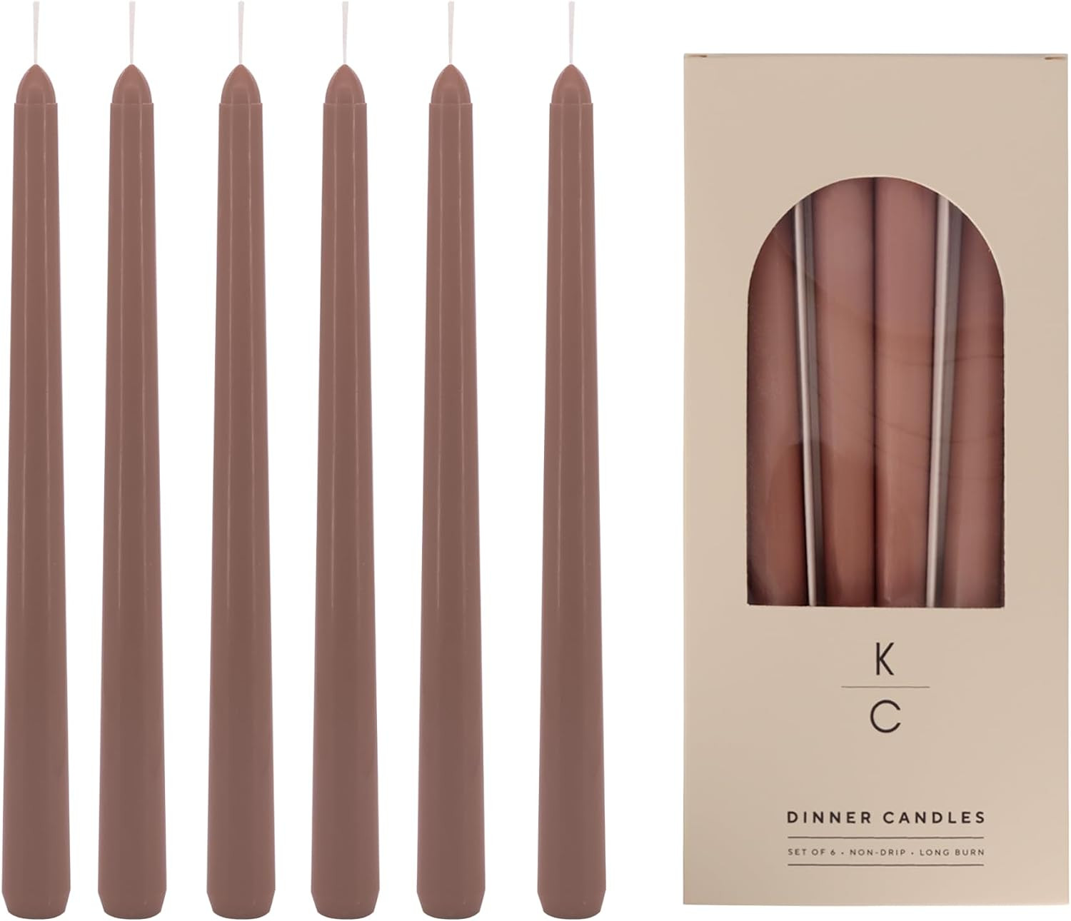 Tapered Dinner Candles, Pack of 6 – Soy & Paraffin Wax Blend, 10-Inch Dripless Taper Candles with 7-Hr. Clean Burn – Smokeless Unscented Tapers for Weddings, Dinner Tables & Home Decor – Latte | Amazon (US)