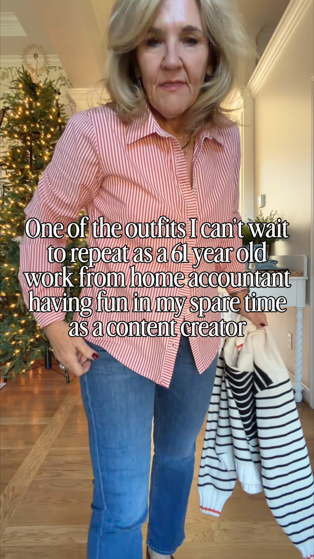 @anthropologie new arrivals. What I’m wearing in January  
Love these burgandy flats. Super cute with socks too. Tts. 
Sweatshirt & sweater size medium 
Mother jeans these you must size up! Wearing a 30 petite also linking a very similar quince jean for $50. These also run small. 

#LTKootd 

#LTKPetite #LTKOver40