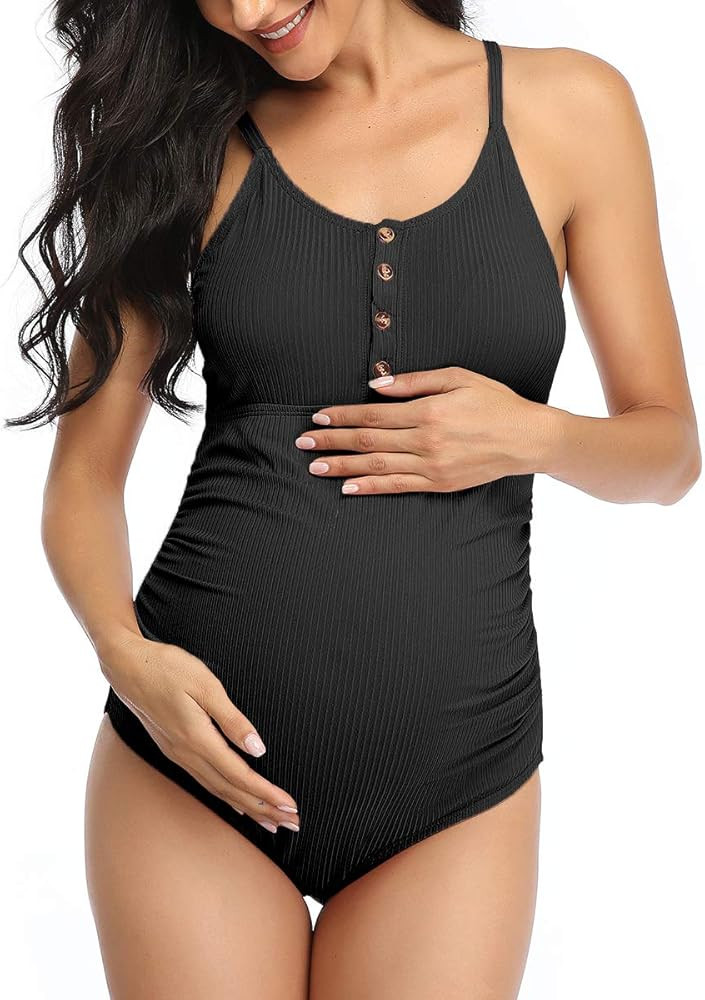 Summer Mae Maternity Swimsuit One Piece Bathing Suit Button Neck Cross Back | Amazon (US)