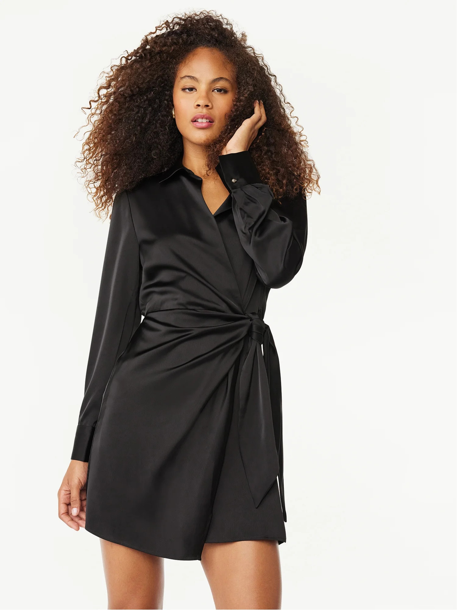 Scoop Wrap Tie Mini Dress with Point Collar, Sizes XS-XXL | Walmart (US)