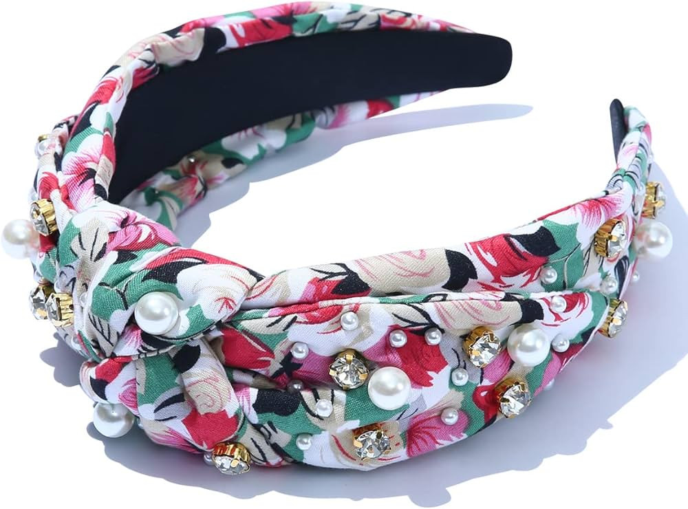 Crystal Knotted Headband Holiday Romantic Vintage Pearl Prints Women Knot Bow Floral Embellished ... | Amazon (US)