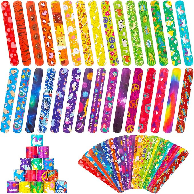 60 Pcs Slap Bracelets for Kids, 30 Styles Colorful Bulk Slap Wristbands - Animals Heart Galaxy Cu... | Amazon (US)