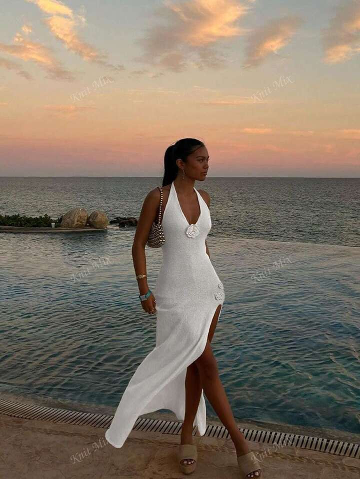 Knit Mix Sexy Halter Neck Elegant Cover-Up Dress - Women's Spring Summer Casual Beach Vacation Solid Color V-Neck Side Slit Bodycon Knit Dress(Flower Position Is Random)Beach Vacation Outfits Woman Dress | SHEIN