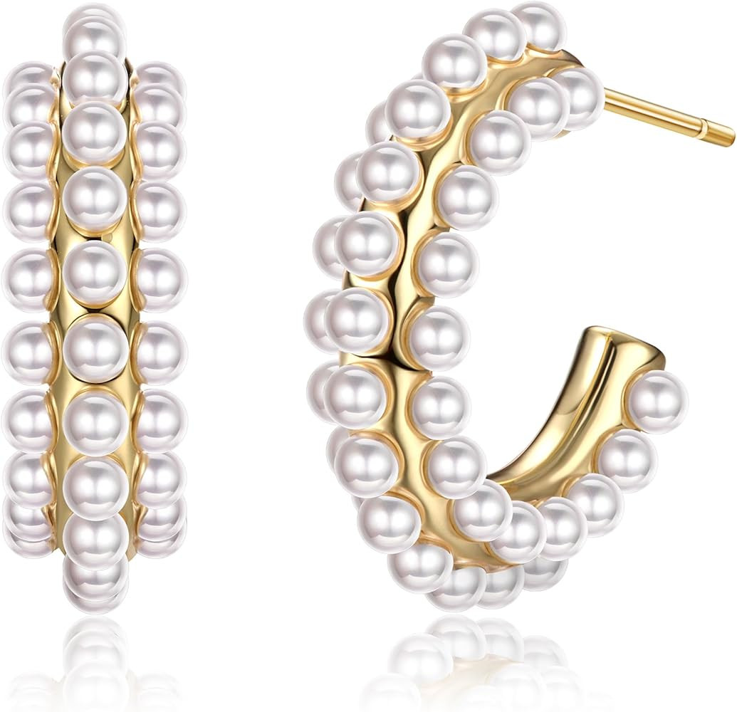 Dochais Pearl Hoop Earrings for Women, 14K Gold Plated Pearl Drop Earrings 925 Sterling Silver Go... | Amazon (US)