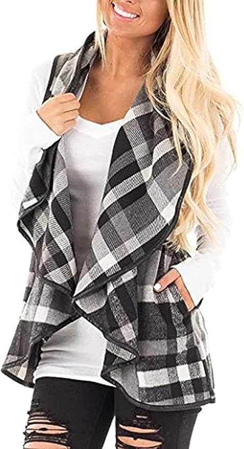 Women's Winter Outerwear Sweater Color Block Lapel Open Front Sleeveless Plaid Vest Casual Cardig... | Amazon (US)