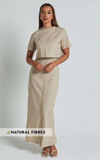 Tisdale Two Piece Set - Linen Look Scoop Neck Short Sleeve Cropped Top and Maxi Skirt in Sand | Showpo (US, UK & Europe)
