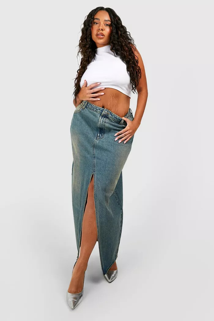 Plus Vintage Wash Split Front Denim Maxi Skirt | Boohoo.com (UK & IE)