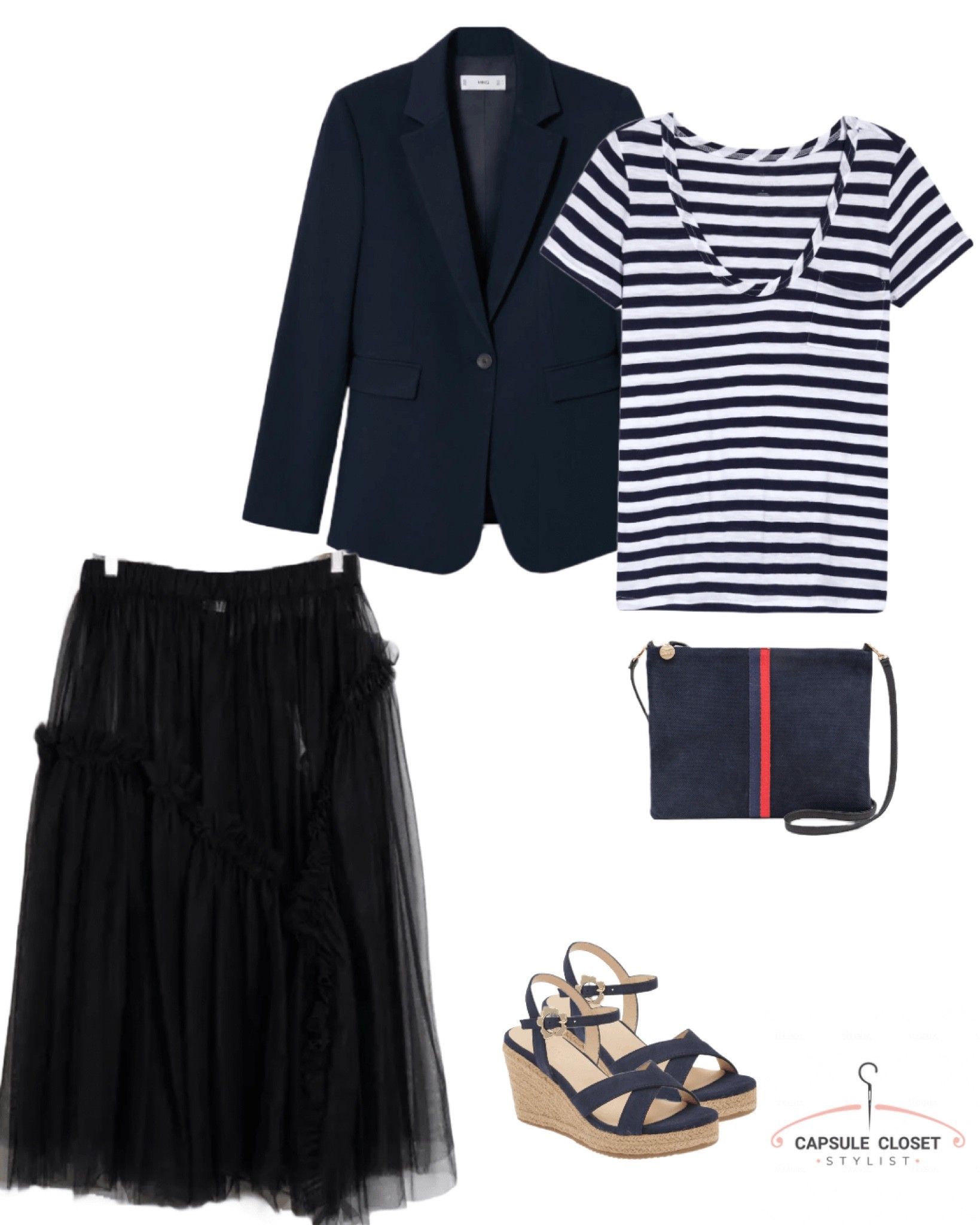 Tulle maxi skirt, stripe tshirt, navy blazer, navy wedges

#LTKstyletip #LTKshoecrush #LTKeurope