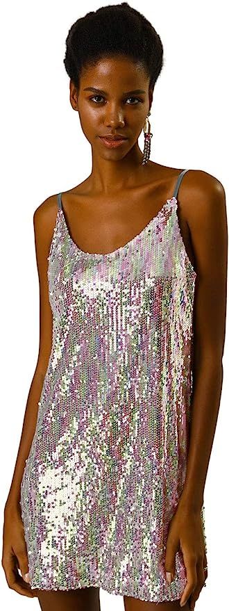 Allegra K Women's Halloween Glitter Sequin V Neck Spaghetti Strap Mini Party Dress Clubwear | Amazon (US)