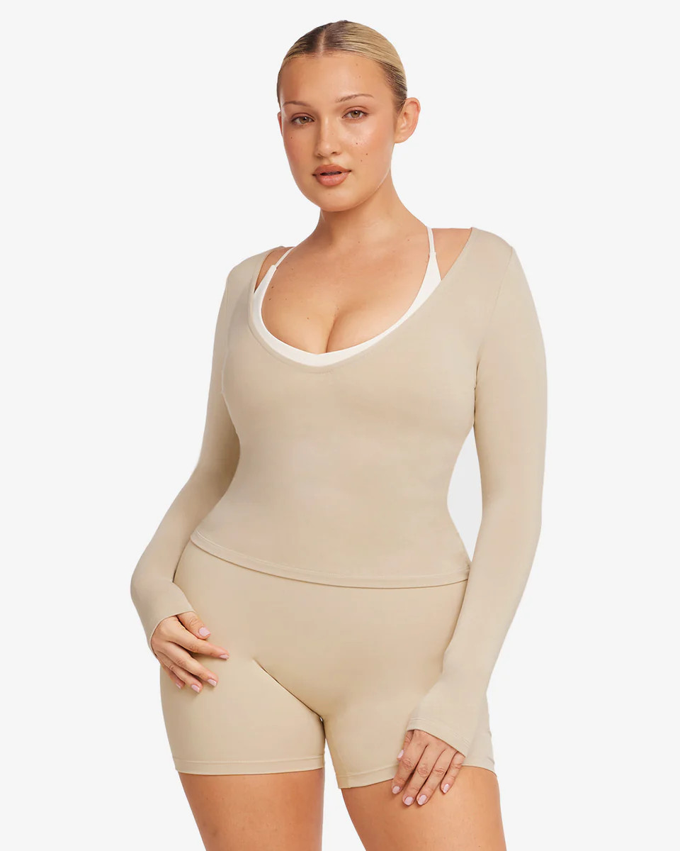 V Neck Long Sleeve Top | Fawn | Crop Shop Boutique US