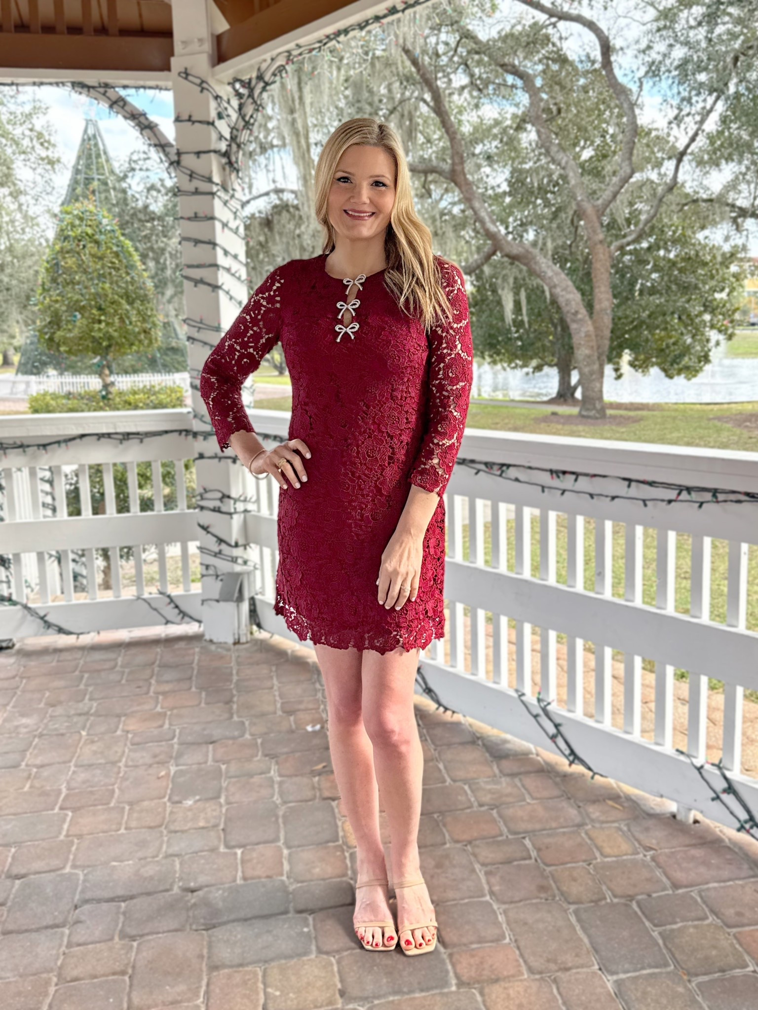 Lace sheath dress with crystal bows. Fits true to size. I’m wearing the size 6. Birthday dress  

#LTKSeasonal #LTKOver40 #LTKootd