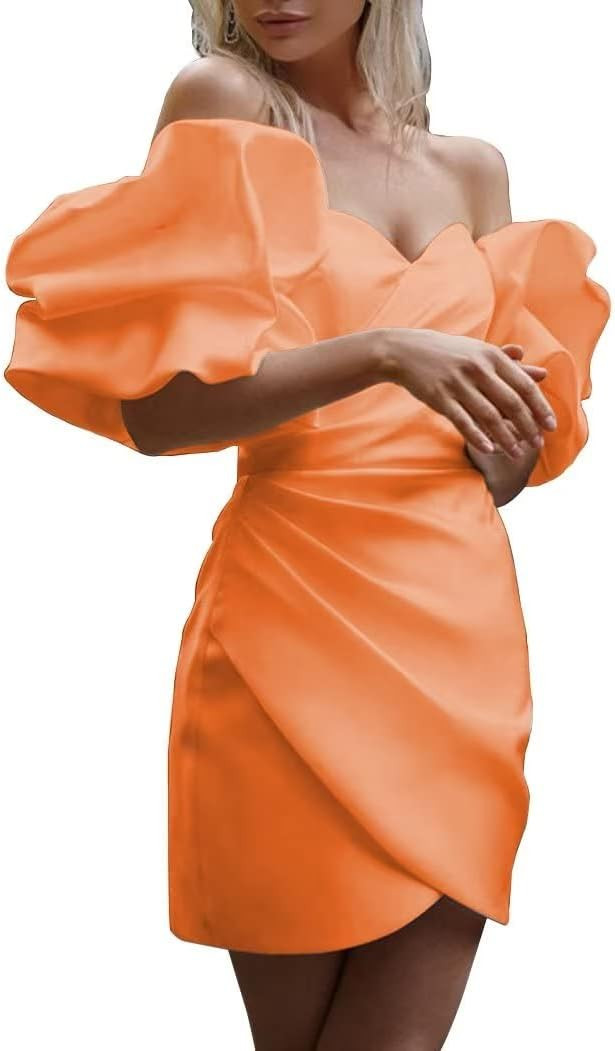 Lawrncedw Sweetheart Puffy Sleeves Wedding Dress Satin Mini Formal Prom Gowns Homecoming Dress Ru... | Amazon (US)