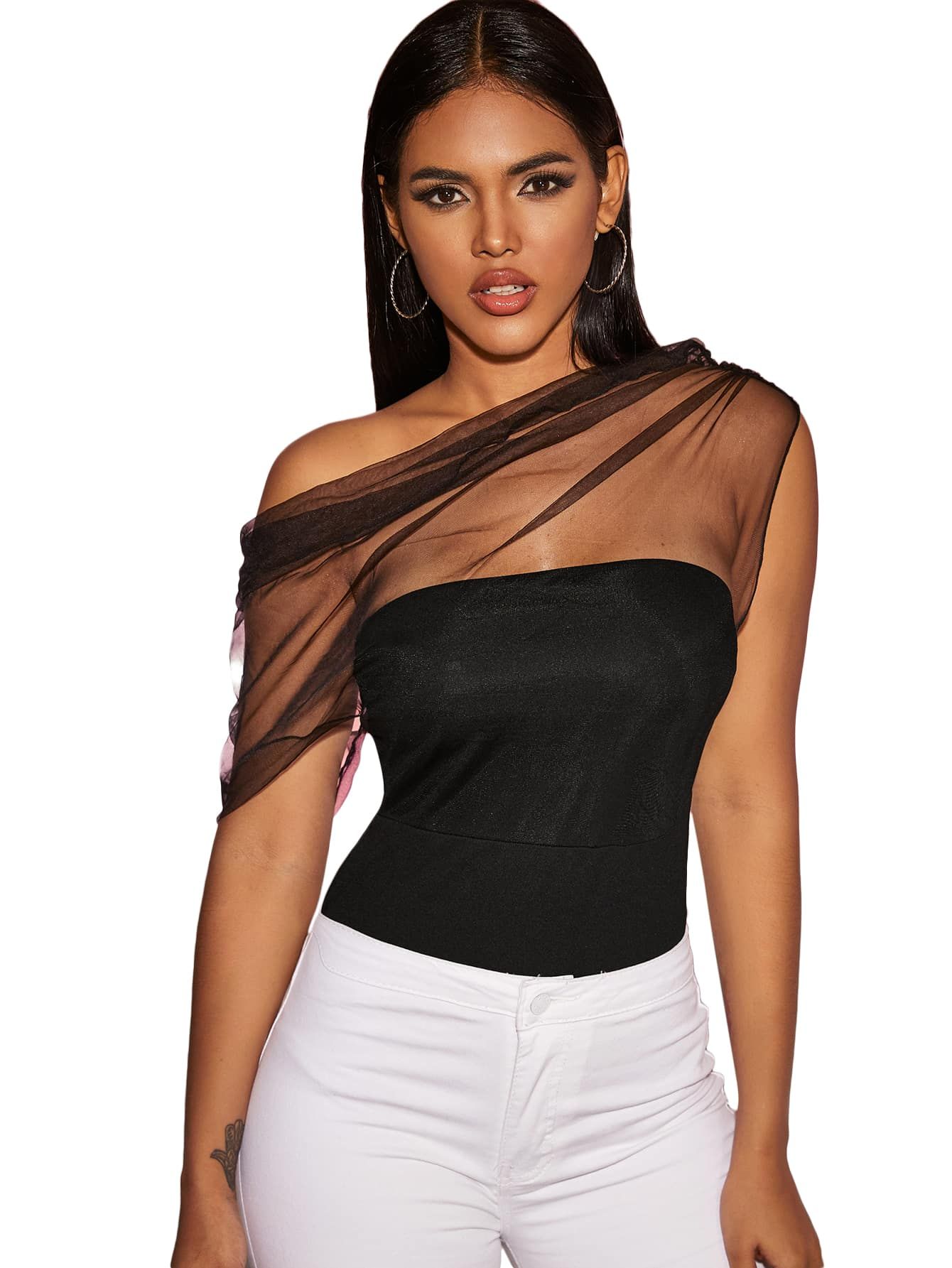 SHEIN Asymmetrical Neck Sheer Mesh Ruched Top | SHEIN