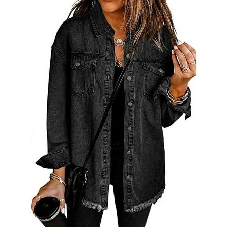 Eytino Oversized Denim Jacket for Women Long Sleeve Classic Loose Jean Jacket Black L Female | Walmart (US)