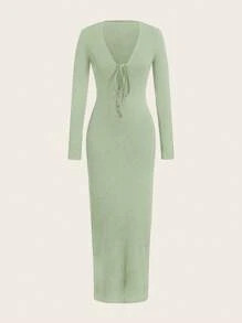 SHEIN VaVaLuxe Women's V-Neck Backless Tied Slit Textured Dress Maxi Women Outfit | SHEIN