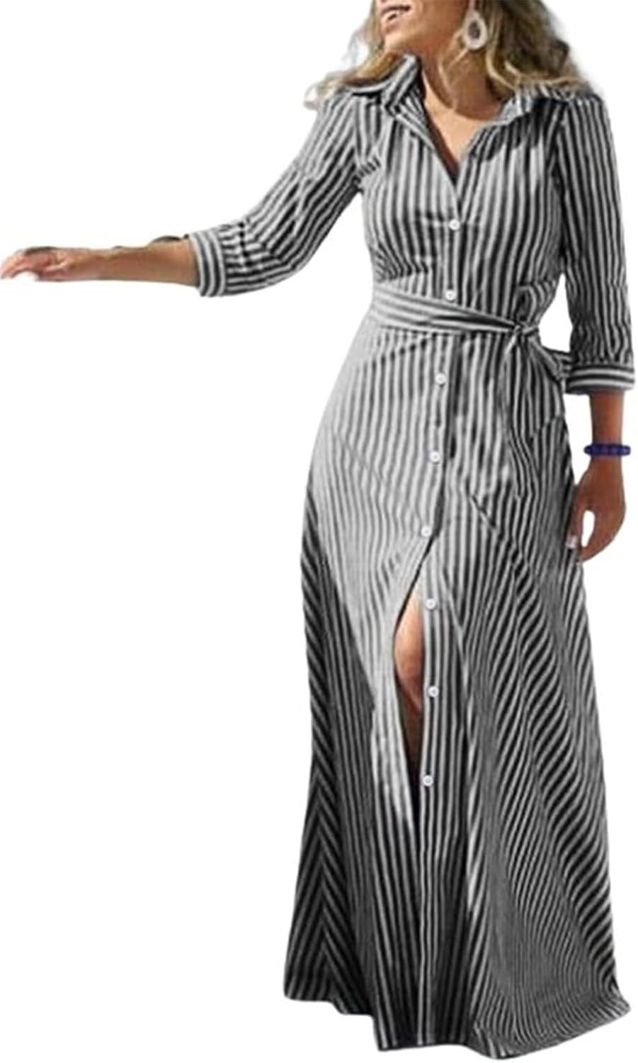 utcoco Women's 2026 Spring Summer Casual Striped Maxi Dress Button Down Shirt Dress with Belt | Amazon (US)