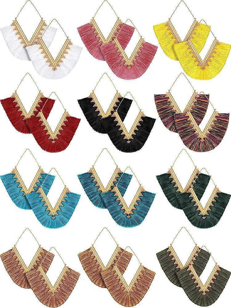 12 Pairs Statement Tassel Earrings Hoop Tassel Earrings Bohemian Geometric Handmade Earrings for Wom | Amazon (US)