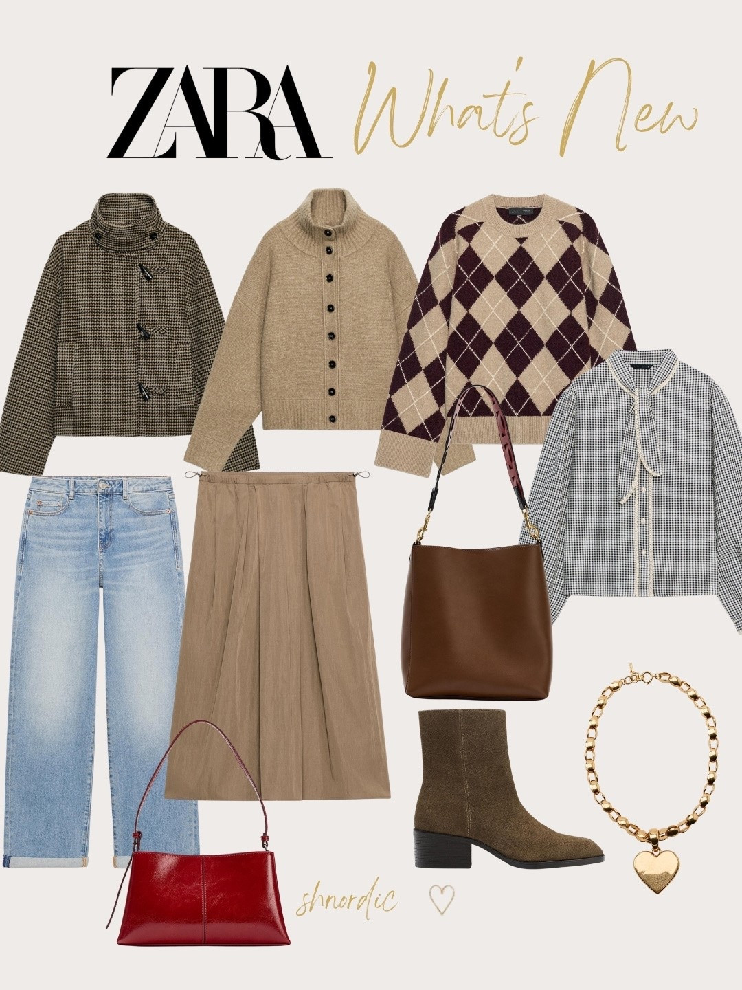 Zara new in October 2026: autumn outfit ideas. This week's Zara new arrivals are all about cosy layers and heritage prints. Think a houndstooth jacket with frog fastening, a camel high neck cardigan, an argyle knit jumper, and a check blouse with bow detail. Style them with relaxed turn-up blue jeans, a pleated midi skirt and suede ankle boots. Finish with a dark tan bucket bag, a red mini shoulder bag and a gold heart charm necklace. Everything is easy to mix and match for work, weekends and casual autumn outfits. On my feed there are four outfit ideas using these pieces: preppy layers, cosy camel, houndstooth jacket and soft romance. Shop all the Zara autumn 2026 new-in pieces below.
