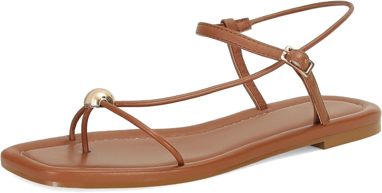Strappy Flat Sandals for Women Comfortable Open Square Toe Sandals Dressy Beach Thong Flip Flop S... | Amazon (US)