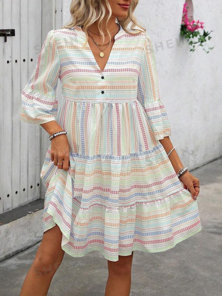 SHEIN LUNE Women's Colorful Printed V-Neck Simple And Fashionable Daily Dress | SHEIN USA | SHEIN