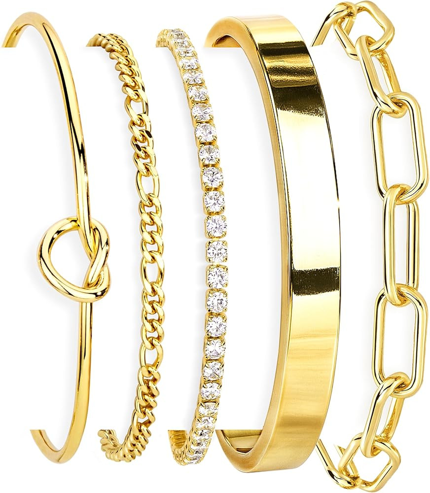 Gold Bracelets Set for Women Non Tarnish, 14K Gold Plated Sterling Silver Chunky Cuff Bracelet St... | Amazon (US)