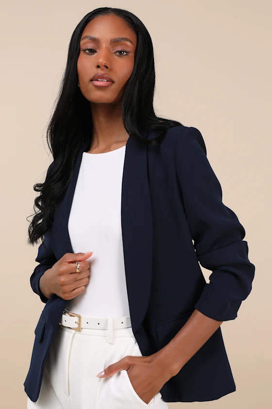 Established Excellence Dark Navy Ruched Blazer | Lulus