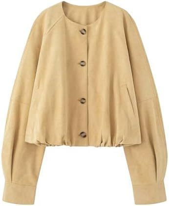 Ainangua Chaqueta bomber de gamuza sintética con botones para mujer, de gran tamaño, dobladillo... | Amazon (US)