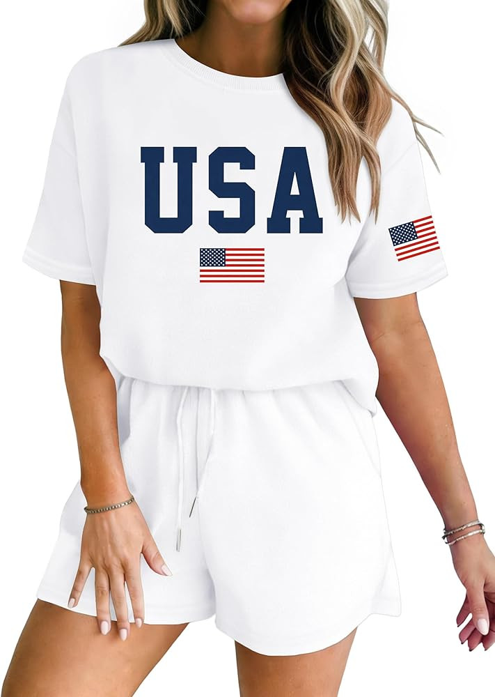 4th of July 2 Piece Outfits for Women Patriotic Shirts USA Short Sets Sequin Stars and Stripes Lo... | Amazon (US)