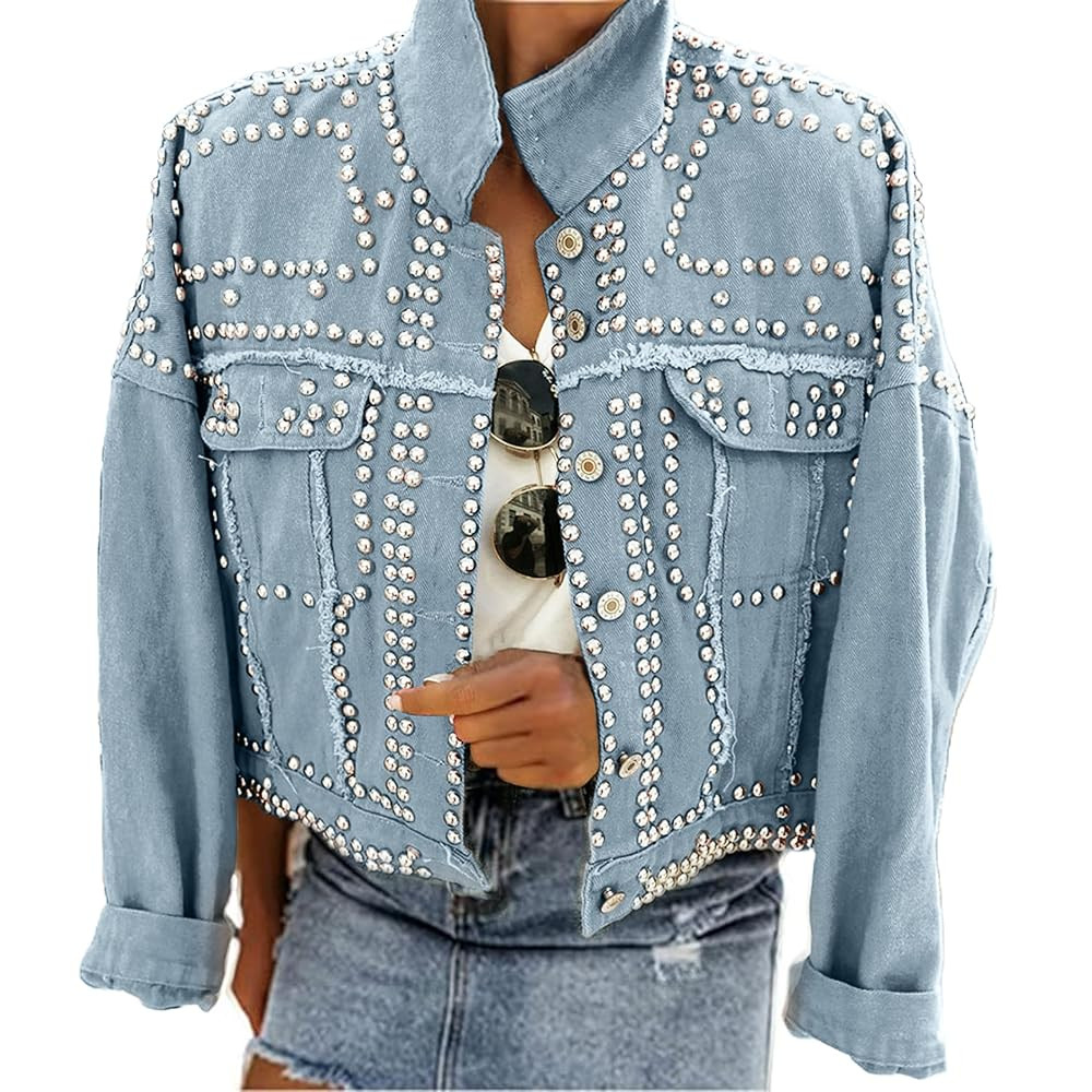 Omoone Women's Long Sleeve Rivet Studded Denim Jacket Casual Pearl Short Jean Coat Concert Nashvi... | Amazon (US)