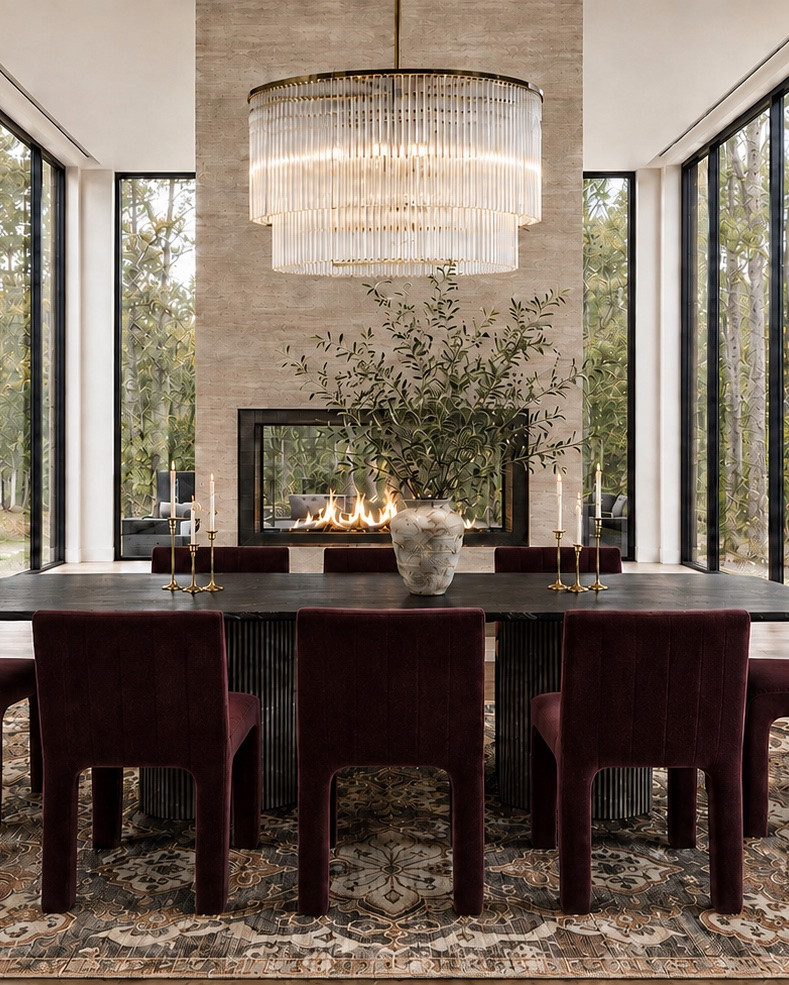 Would you go this moody in a dining room? This one’s got a fluted glass chandelier, double-sided fireplace, and velvet chairs I can’t stop thinking about. Full source list linked. Go save it!#LTKstyle #DiningRoomDecor #InteriorDesignInspo #ModernOrganicHome #HomeDecorIdeas #InteriorDesignerLife #DiningRoomGoals #ModernHomeDesign #DesignInspiration

#LTKHome #LTKHome