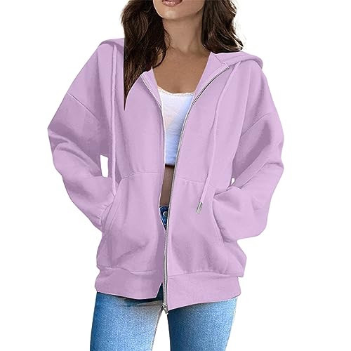 Vintage Oversized Loose Fit Hoodie - Women's Long Sleeve Solid Jacket - Soft Outdoor Sweatshirt - Oversized Zip Up Hoodie With Pockets - Light Purple 3XL | Amazon (US)