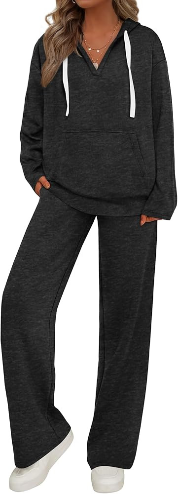 PRETTYGARDEN Womens 2 Piece Outfits Fall Sweatsuits Oversized V Neck Hoodie Wide Leg Sweatpants T... | Amazon (US)