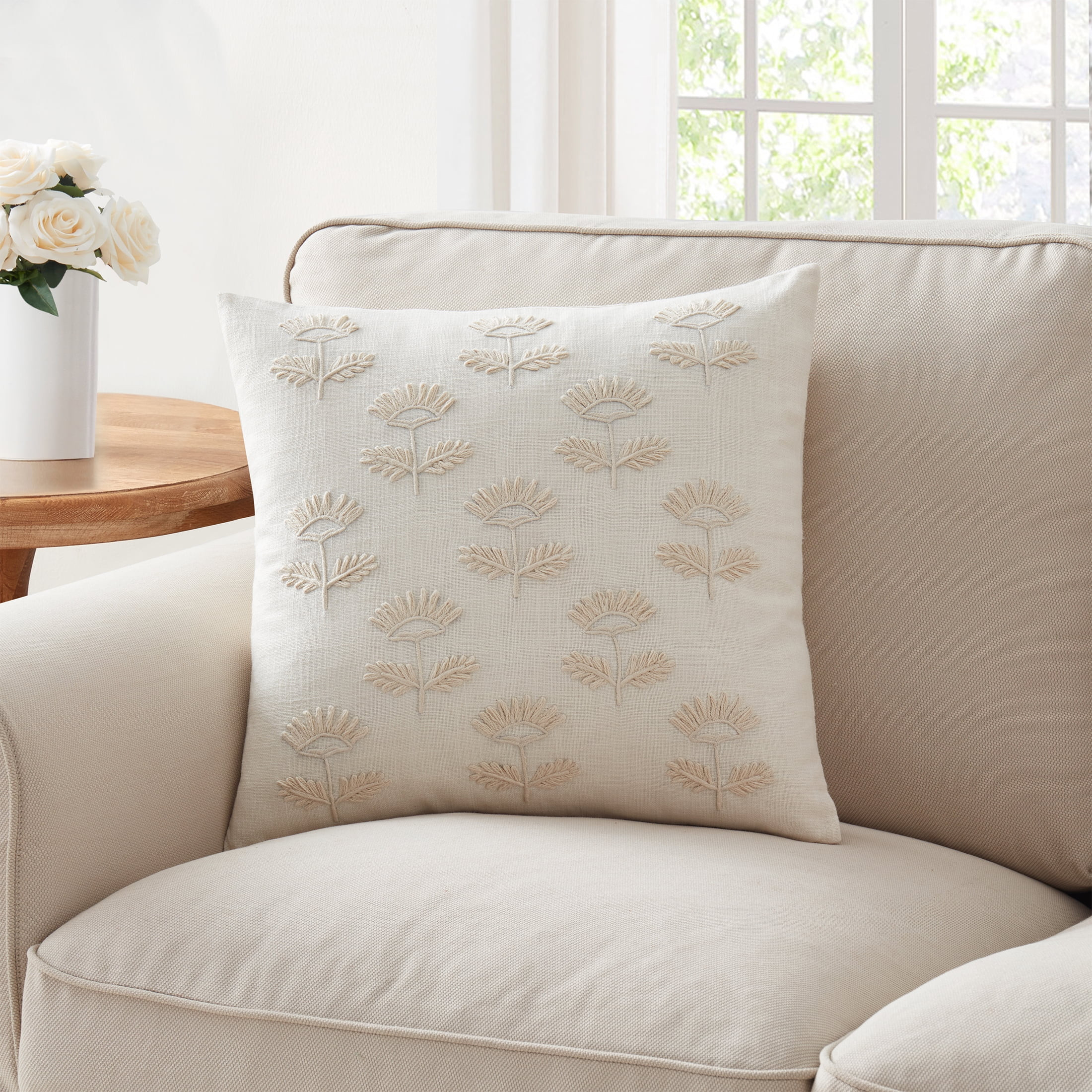 My Texas House Poppy 18" x 18" Farmhouse Ivory/Ivory Floral Cotton Square Decorative Pillow Cover... | Walmart (US)