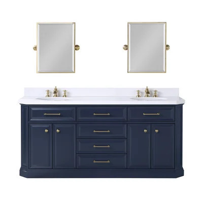 Bruning 72" Carrara Quartz Countertop Bath Vanity in Monarch Blue with Faucet and Mirror | Wayfair North America