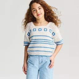 Girls' Short Sleeve Scalloped Striped Sweater - Cat & Jack\u2122 Cream XS | Target