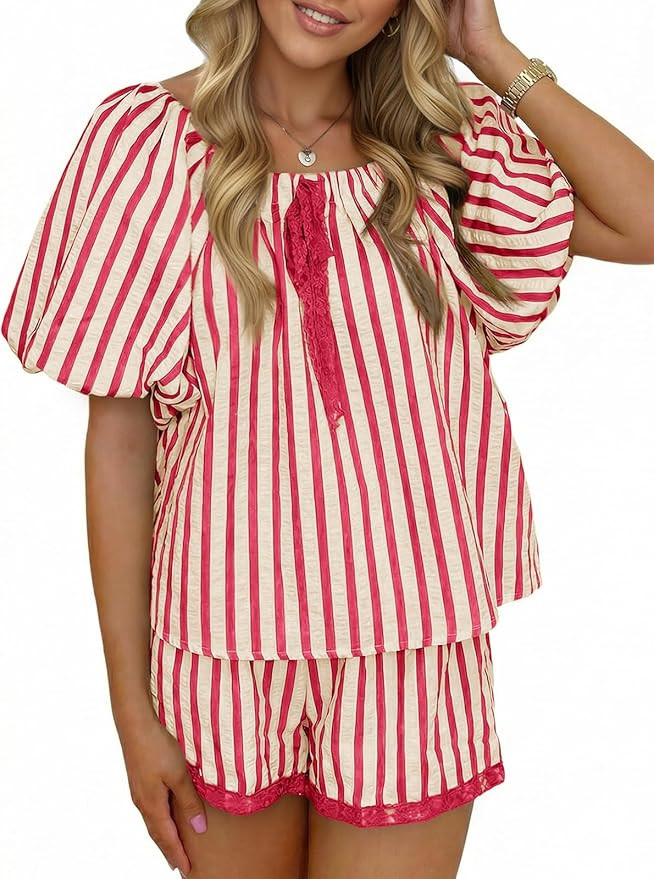 Tankaneo Womens Summer Striped 2 Piece Short Sets Short Puff Sleeve Scoop Neck Babydoll Blouse Va... | Amazon (US)