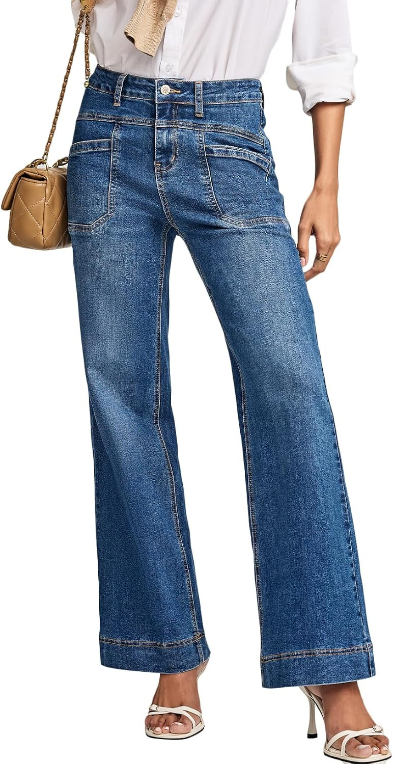 EVALESS Womens Jeans Wide Leg High Waisted Straight Bootcut Jeans Trendy Fall 2026 Zimbaplatinum Stretchy Denim Pants | Amazon (US)
