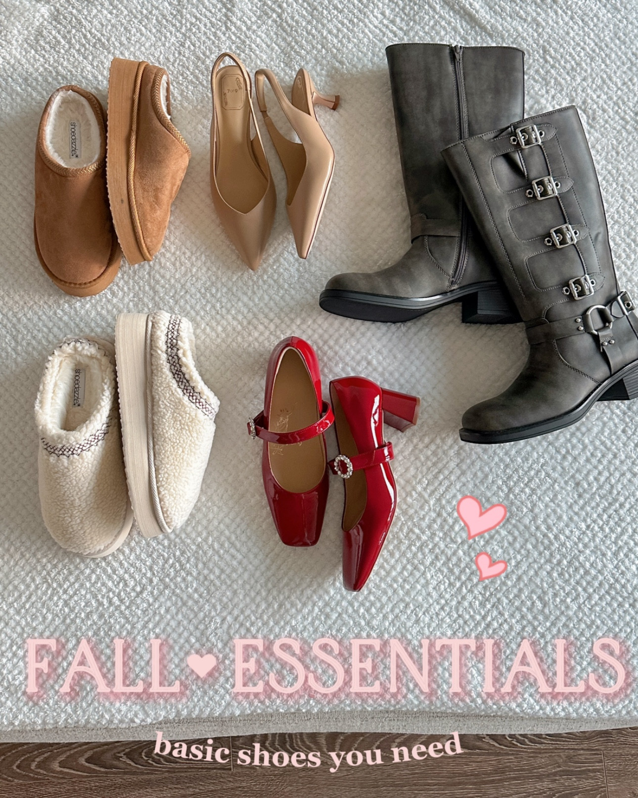 Soo excited to share some of my favorite fall shoes! I just got some new ones and now I’m even more excited for autumn than before 🫶🍁
 🖤 MOTO BOOTS These exact shoes are the Sable Boot from JustFab / Shoedazzle, and they have a rly good deal right now to get your first pair of shoes for $10 if you become a VIP! Otherwise, you can find similar shoes on Poshmark, Forever 21, Target, and Dream Pairs (via Amazon). These are super versatile and give a little edge to an otherwise basic look. Pair them with a mini skirt, baggy jeans, and more 🫶
 🍎 RED MARY JANES New fav brand alert! 7or9 is definitely pricey but WOW their shoes popped off. They’re insanely comfy and very well designed, with a removable strap so you can turn the Mary Janes into regular heels! Girl math = 2 shoes in 1 🤪 The product name is Cranberry 5.0
 👡 SLINGBACK HEELS Also from 7or9, these did not come with a strap but it has the same spot on the sole to add one if you’d like. These are genuine leather and feel really soft + plush. These are called the Mascaparone heels for ref :)
 🐻 SHERPA SLIDES These are made from vegan leather, so good if you’re trying to be a more mindful consumer. With a slight platform, they’re on-trend while still managing to be comfortable and perfect for everyday 🤍 I wear them for days at the park, running errands, shopping, and more
 #falloutfit  #fallbasics #fashionfinds #fallfashion #fallshoes 

#LTKSeasonal #LTKShoeCrush #LTKFindsUnder50