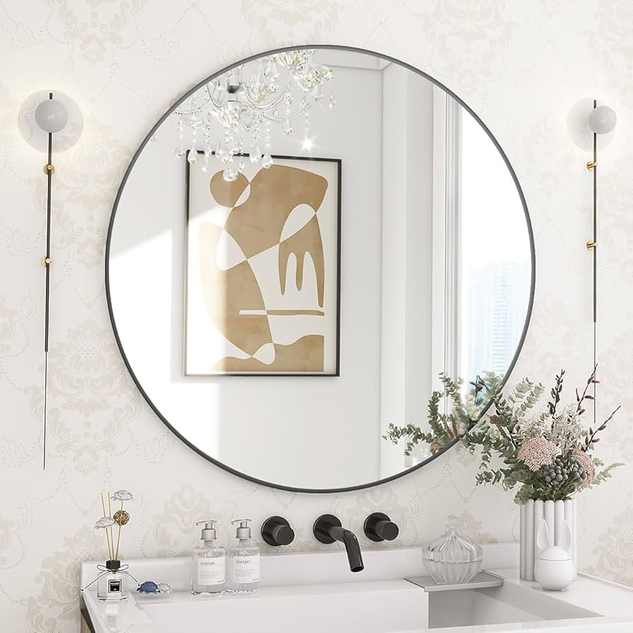 BEAUTYPEAK 24 Inch Round Mirror, Metal Frame Circle Mirror, Wall Mounted for Entryway, Bathroom, ... | Amazon (US)