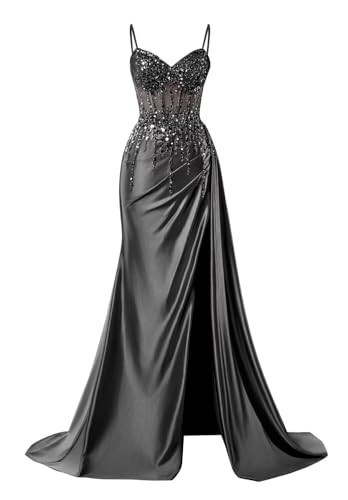 Spaghetti Straps Mermaid Prom Dresses with Slit Beaded Satin Lace Applique Black Long Prom Dresses with Train Size 0 | Amazon (US)