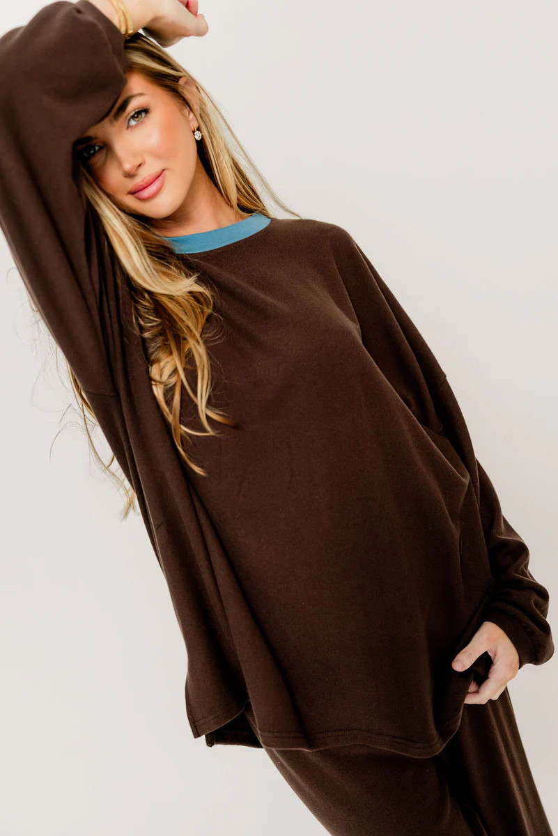Naomi Oversized Fleece Long Sleeve Top in Brown | Worth Collective