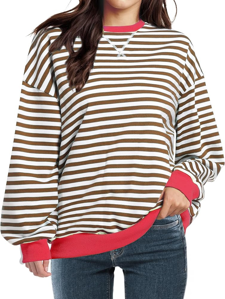 Women Striped Oversized Sweatshirt Long Sleeve Crewneck Shirt Fall Fashion 2024 Pullover Top Prep... | Amazon (US)