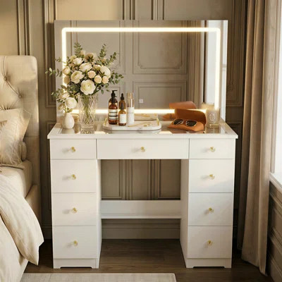 Modern Makeup Vanity With Lighted Mirror And Strong Storage | Wayfair North America