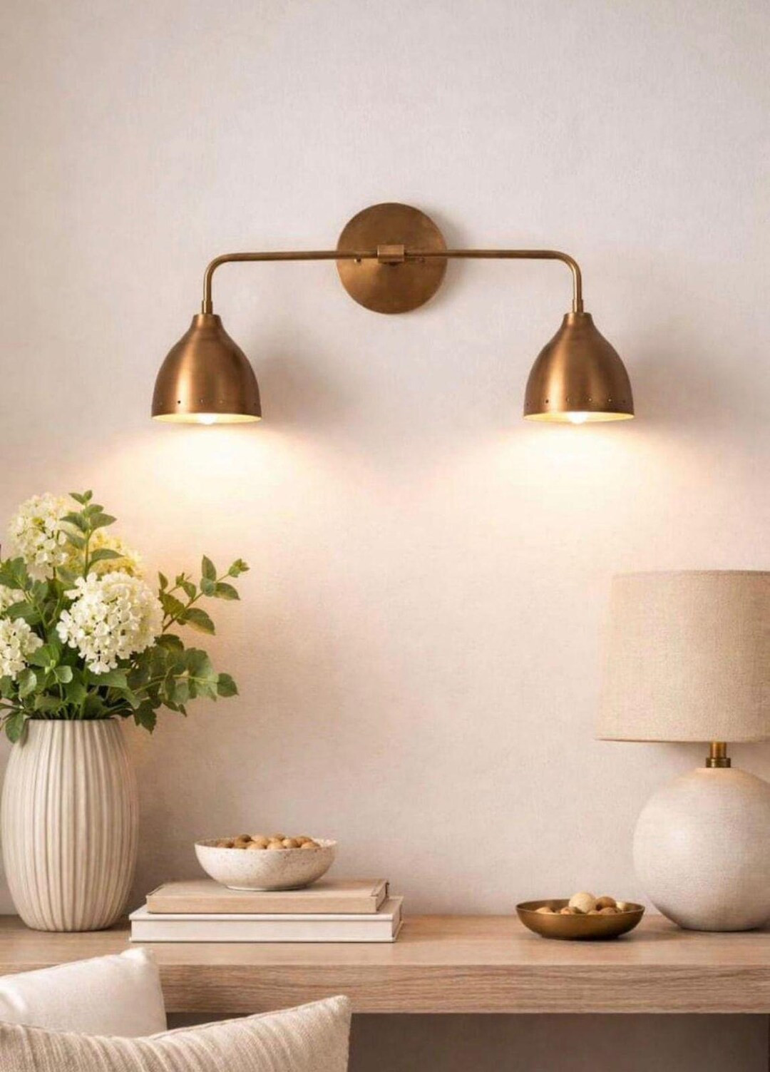 Handcrafted Double Shade Brass Wall Sconce – Antique Brass Finish – Mid-Century Modern Lighti... | Etsy (US)