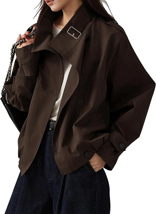 Megfie Jackets for Women Trendy Vintage Trench Coat Turtleneck Crop Jackets with Pockets | Amazon (US)