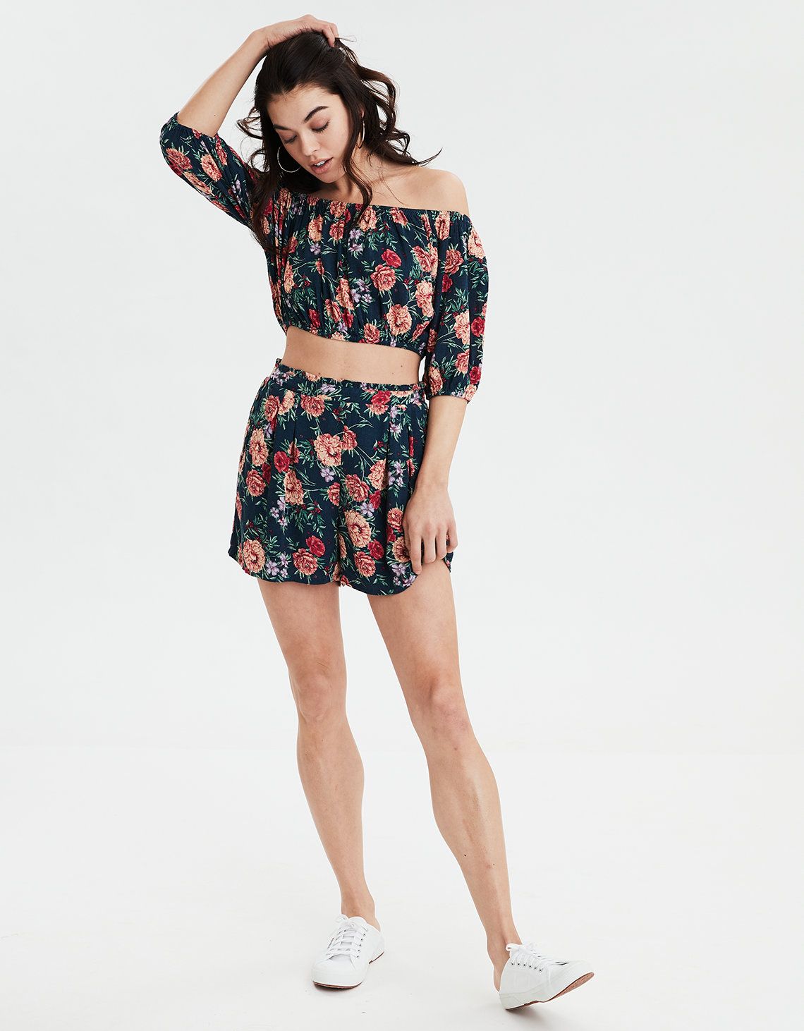 AE Off-The-Shoulder Printed Cropped Blouse | American Eagle Outfitters (US & CA)