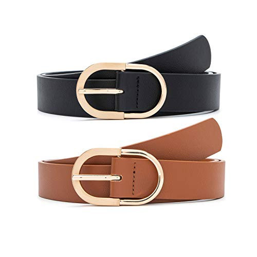 MORELESS 2 Pack Women's Leather Belts for Jeans Pants with Fashion Center Bar Buckle Black and Brown Medium | Amazon (US)