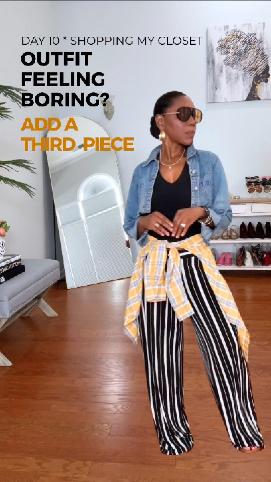 Day 10 of Shopping My Closet ✨

If your outfit feels boring, add a third piece: a blazer, vest, cardigan, jacket, scarf—or even a button-down! 👏🏾
The black halter and striped pants made a cute base, but layering the denim jacket and plaid shirt gives a completely different vibe.

What’s your go-to third piece?

WHAT I’M WEARING: • DKNY Sport halter @Macy's  | M • WHBM wide-leg trousers | M • Eddie Bauer plaid shirt | thrifted | M • @Express denim jacket | Cut and cropped by me (DIY)

These pieces came straight from my closet, so I linked similar options to help you recreate the look. Tap to SHOP.

Style it. Own it. SLAY it. 💋

#LTKootd #LTKOver40 #LTKMidsize